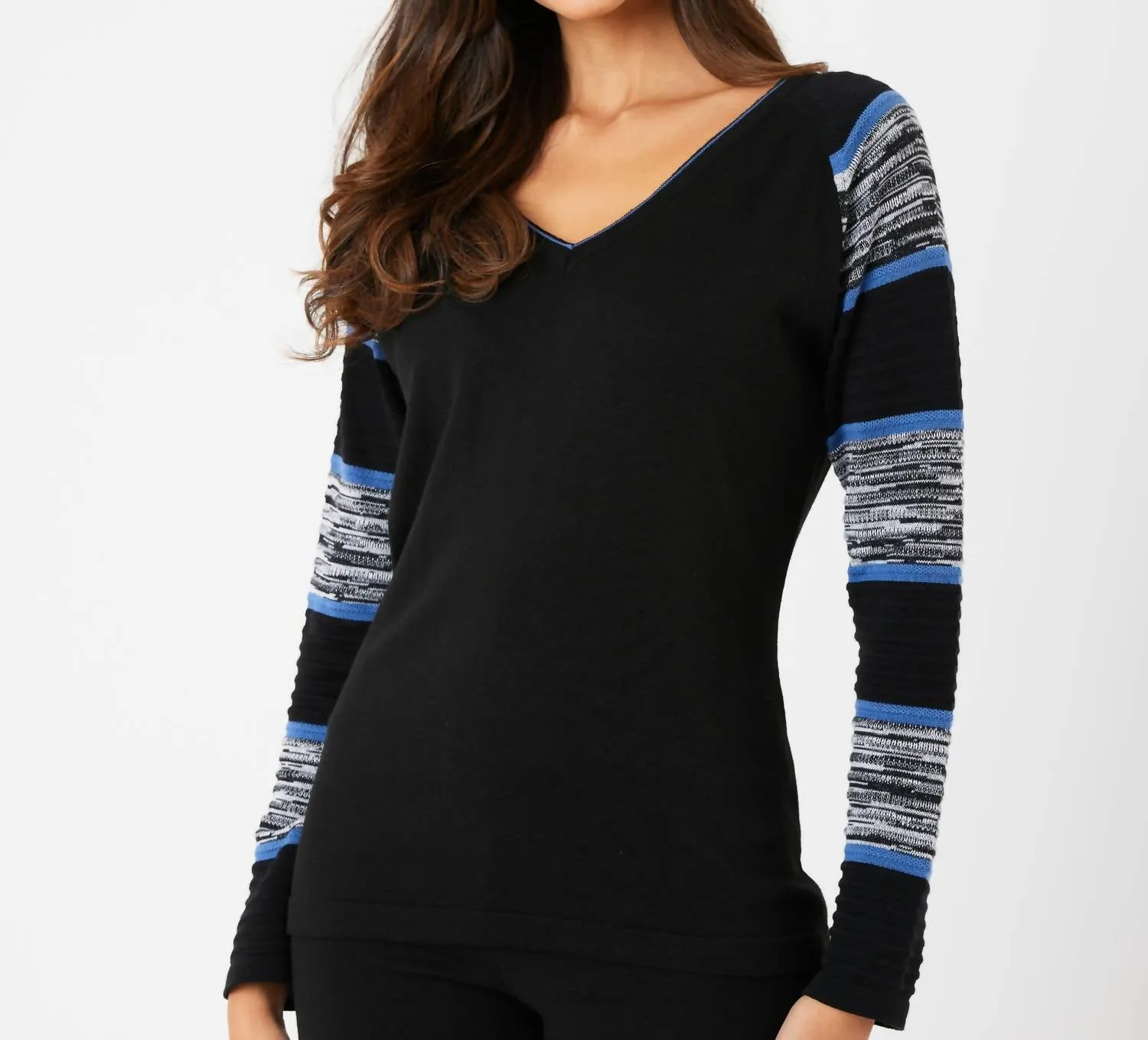 Two Tone Sleeve V-Neck Top In Black/denim