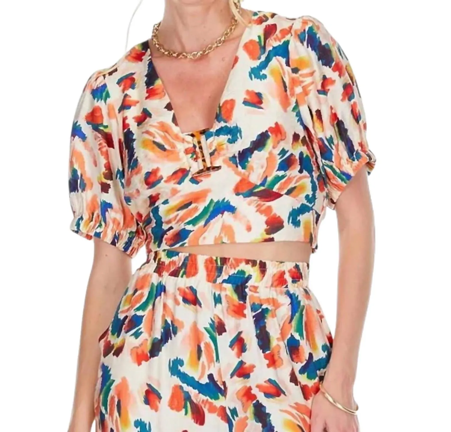 V Neck Ring Print Top In Tiger Lillies