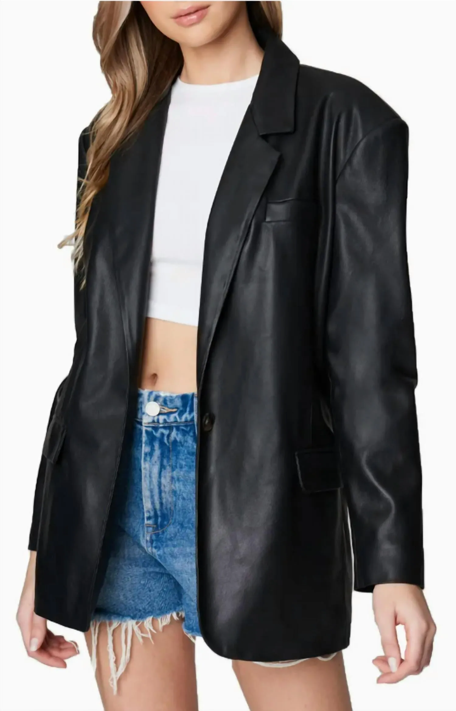 Vegan Leather Blazer In Black Faux Leather