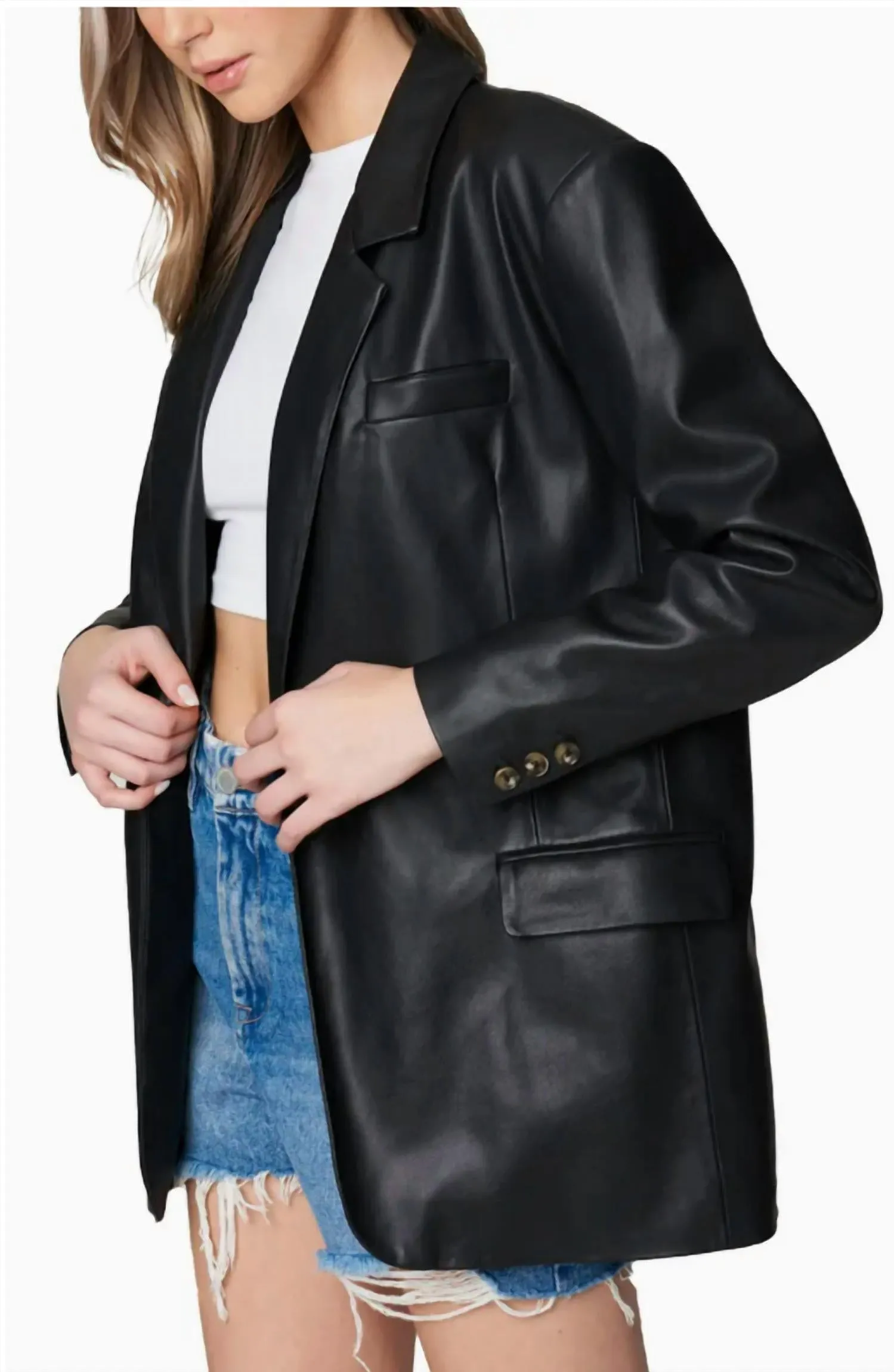 Vegan Leather Blazer In Black Faux Leather