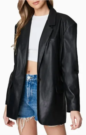 Vegan Leather Blazer In Black Faux Leather