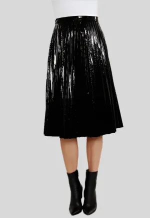 Vegan Patent Leather Pleated Skirt In Black