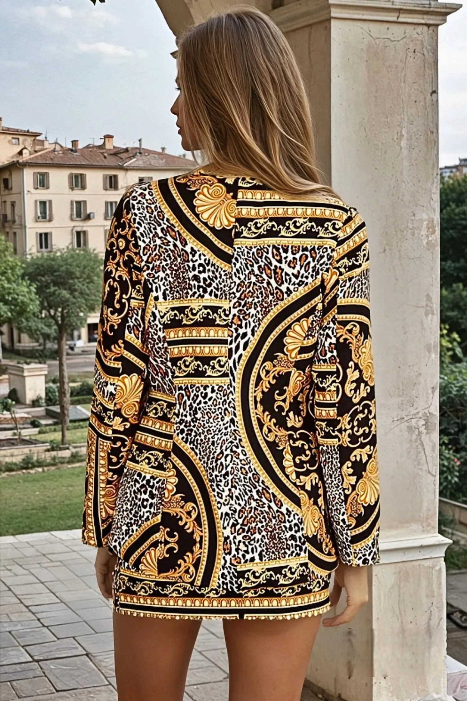 Vittoria Baroque Leopard Print Blazer And Skirt Set In Black Multi