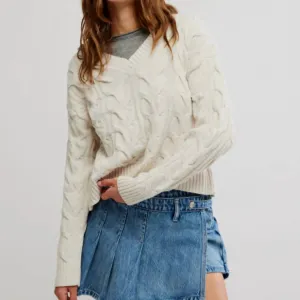Washed Cable Knit Sweater In Washed White