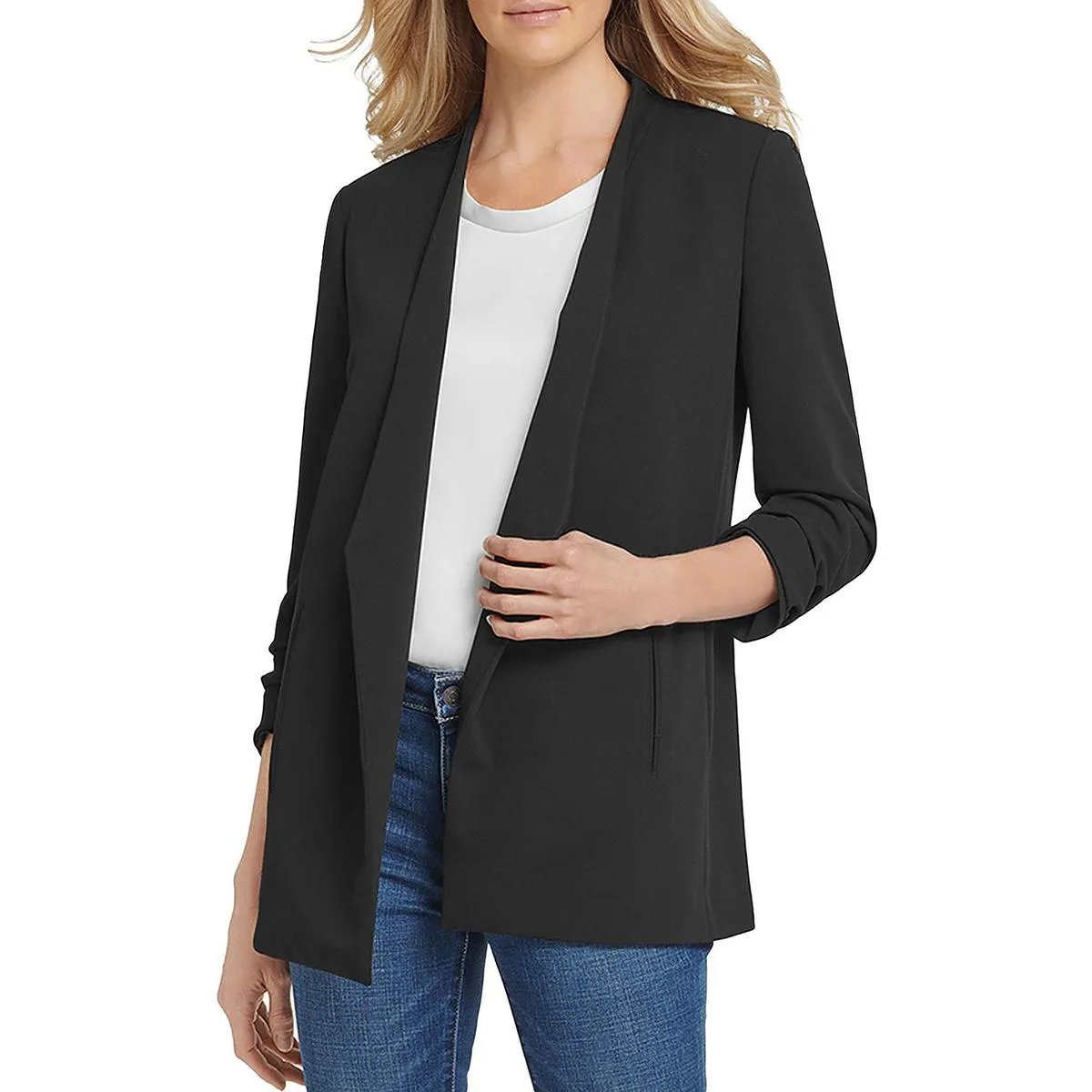 Womens Crepe Long Sleeves Open-Front Blazer