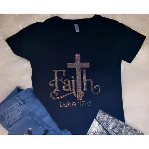 Women's Faith Rhinestone V Neck Tee In Black