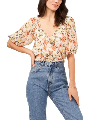 Womens Floral Print Cross-Front Pullover Top