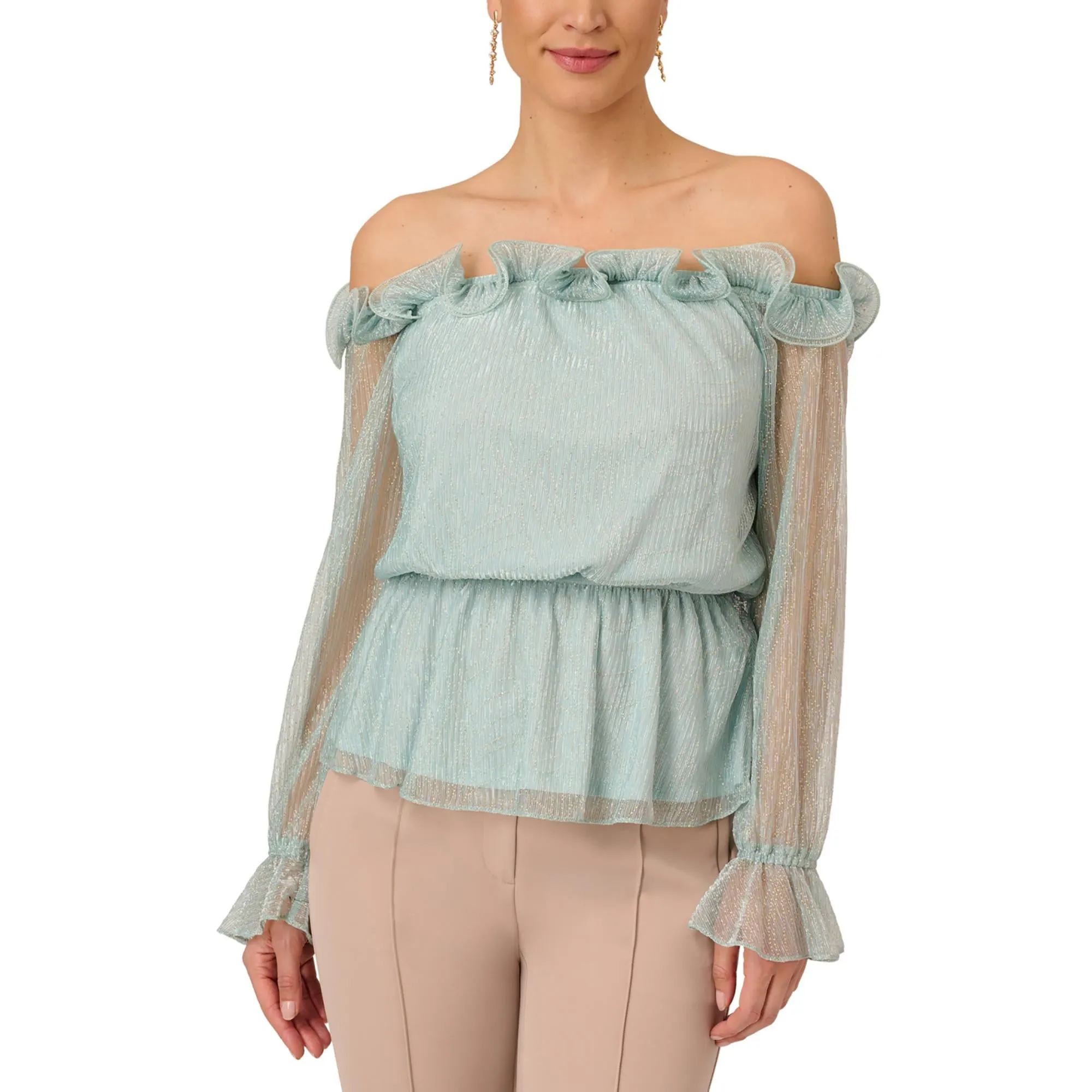 Womens Ruffled Metallic Peplum Top