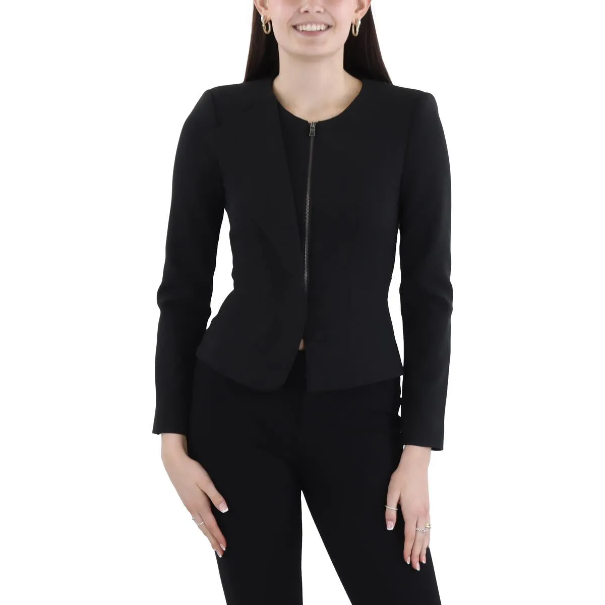 Womens Solid Polyester Collarless Blazer