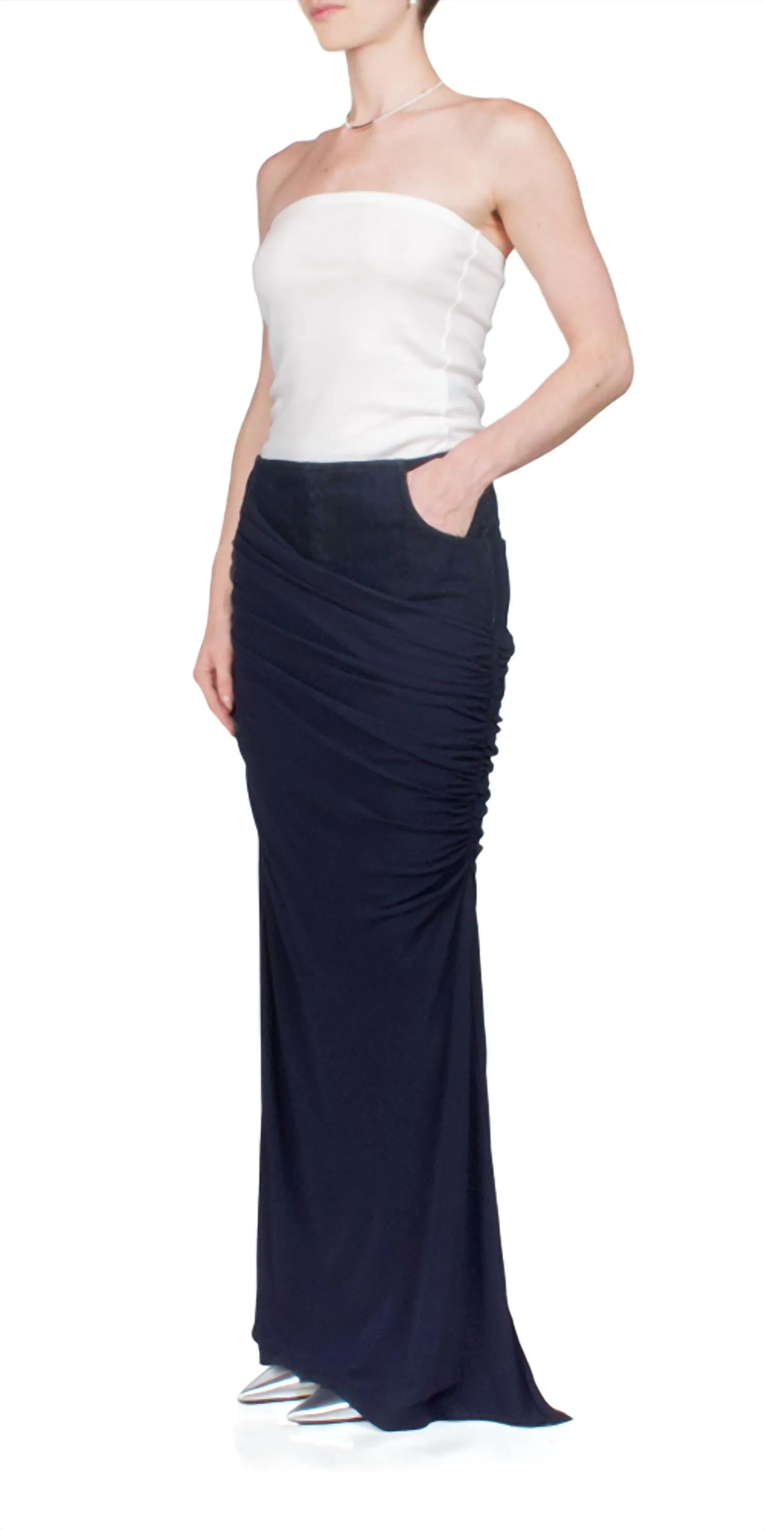 Wrapped Denim Column Skirt In Ink